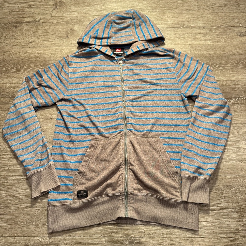 Vintage Quiksilver Hoodie Mens Small Gray Blue Stripe Full Zip Casual‎ Lounge